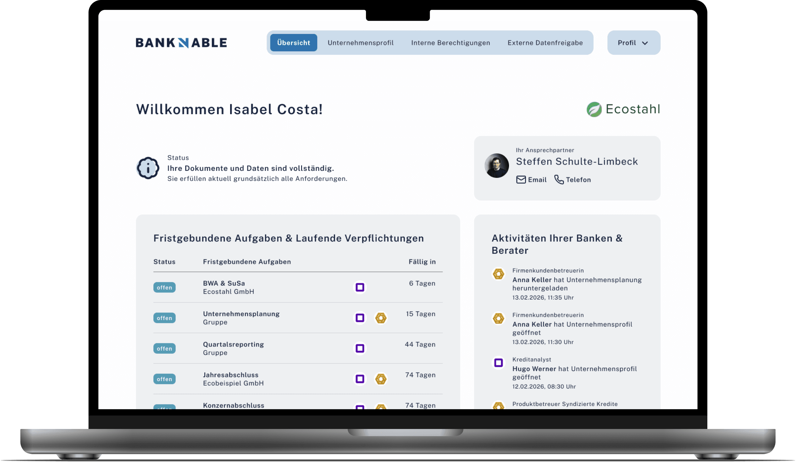 BANKABLE Dashboard mit Aufgaben- und Datenansicht